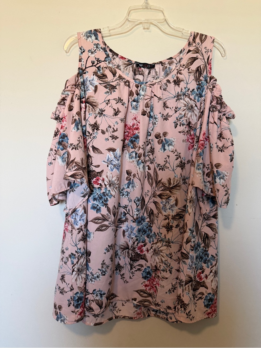 Vision USA Cold-Shoulder Floral Blouse Dress in Blush Pink XL